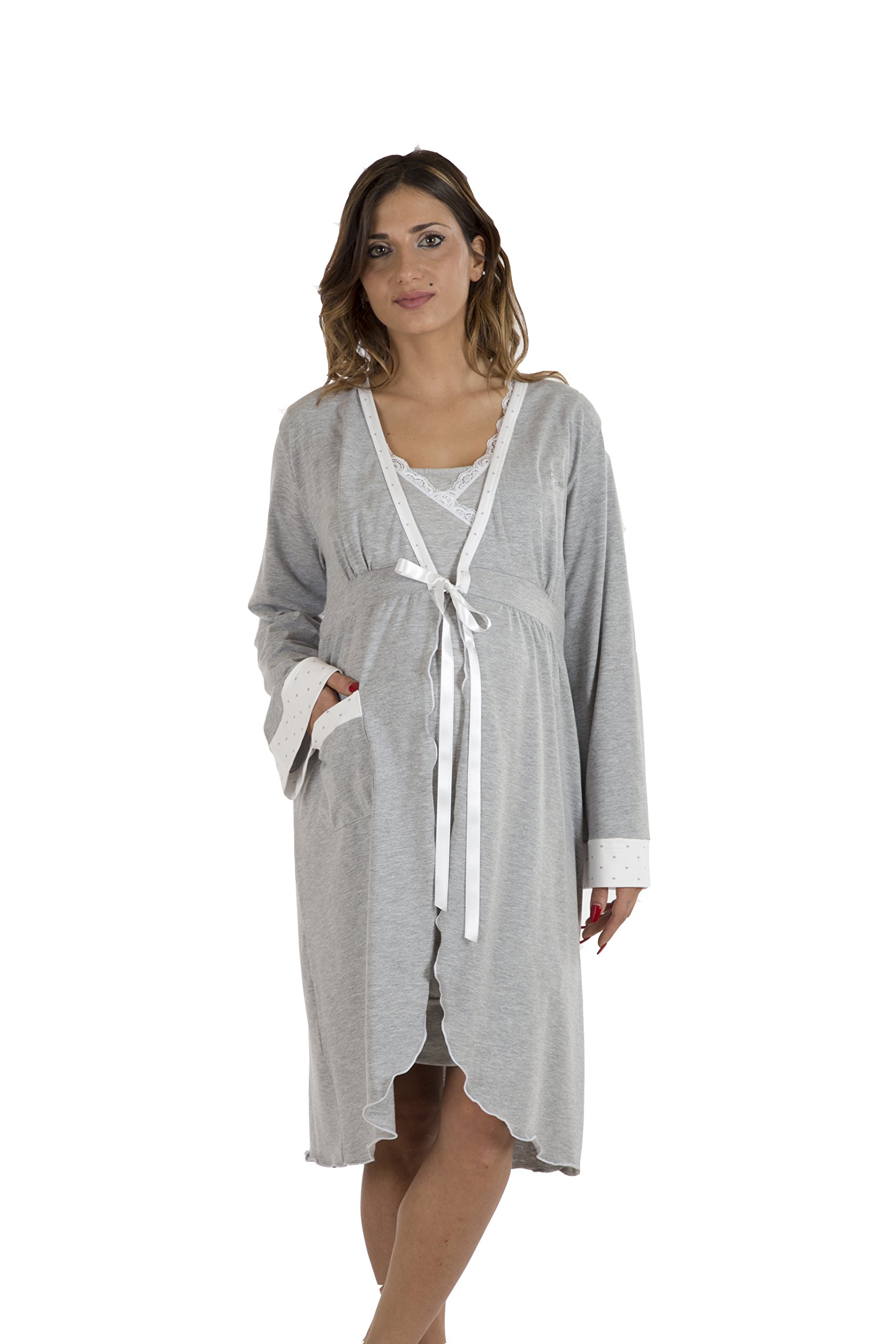 Premamy - Vestaglia da Notte per Premaman, Modello con Fiocco, Cotone bielastico, Pre-Post Parto