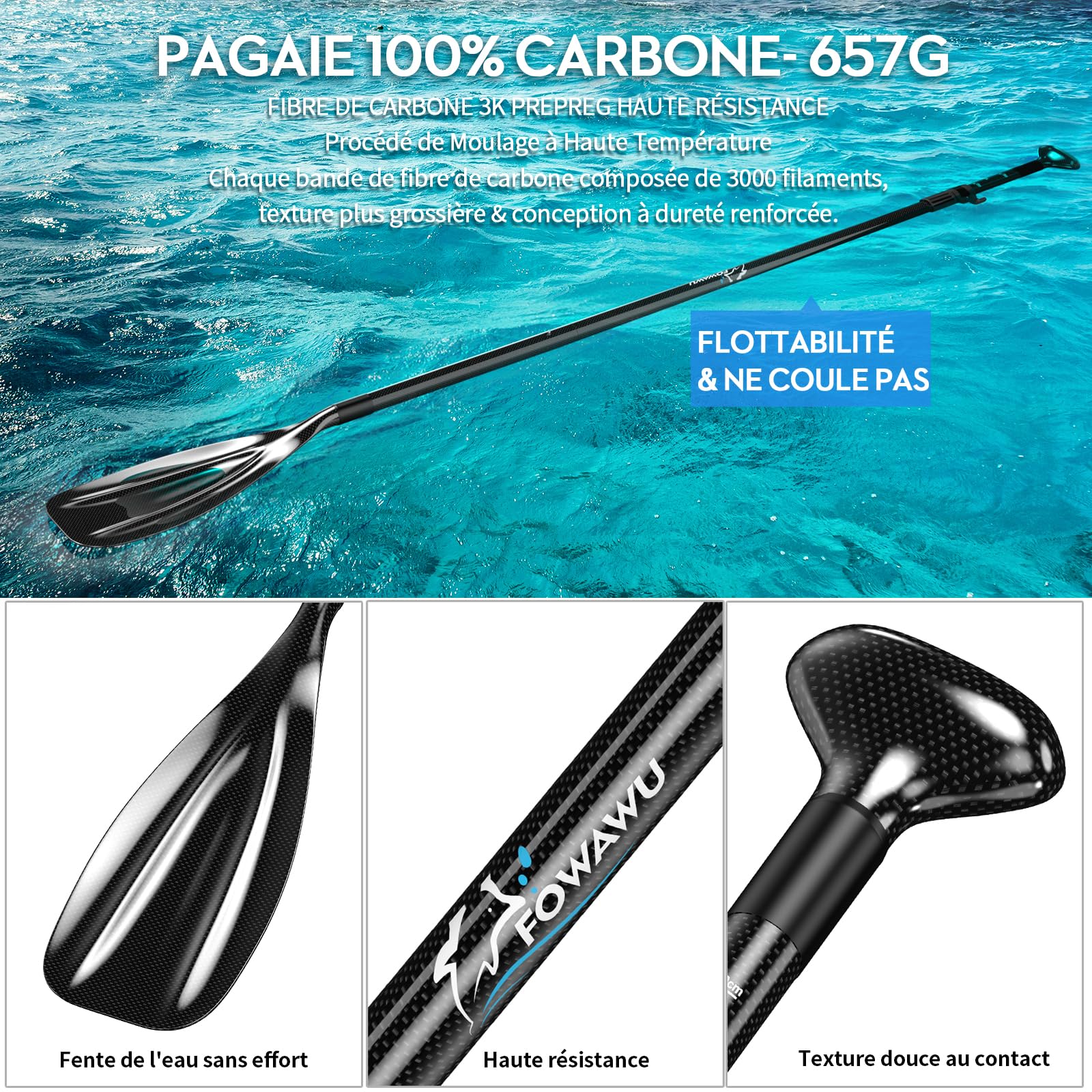 FOWAWU Semi-Carbone/Carbone Rame Pagaie, Pagaie 3 pièces pour Sup Planche à pagaie Debout - pour Planche Gonflable - Léger & Résistant (Taille 160–210 cm)