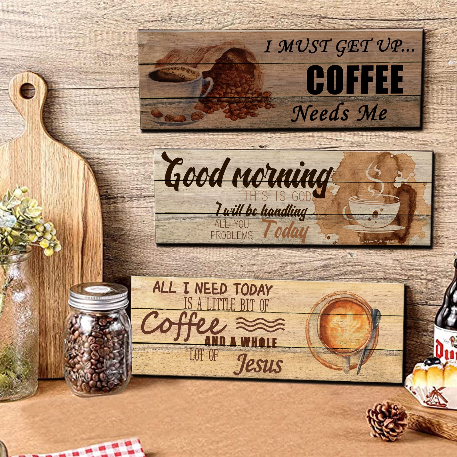 Wood Wall Decor Retro Kitchen Signs 3 Pieces All I Need Today is Coffee and Jesus Wood Plank Design Hanging Sign Good Morning This is God Watercolor Coffee Cup Wooden Wall Art Home Decor Easy to Hang - Image 2