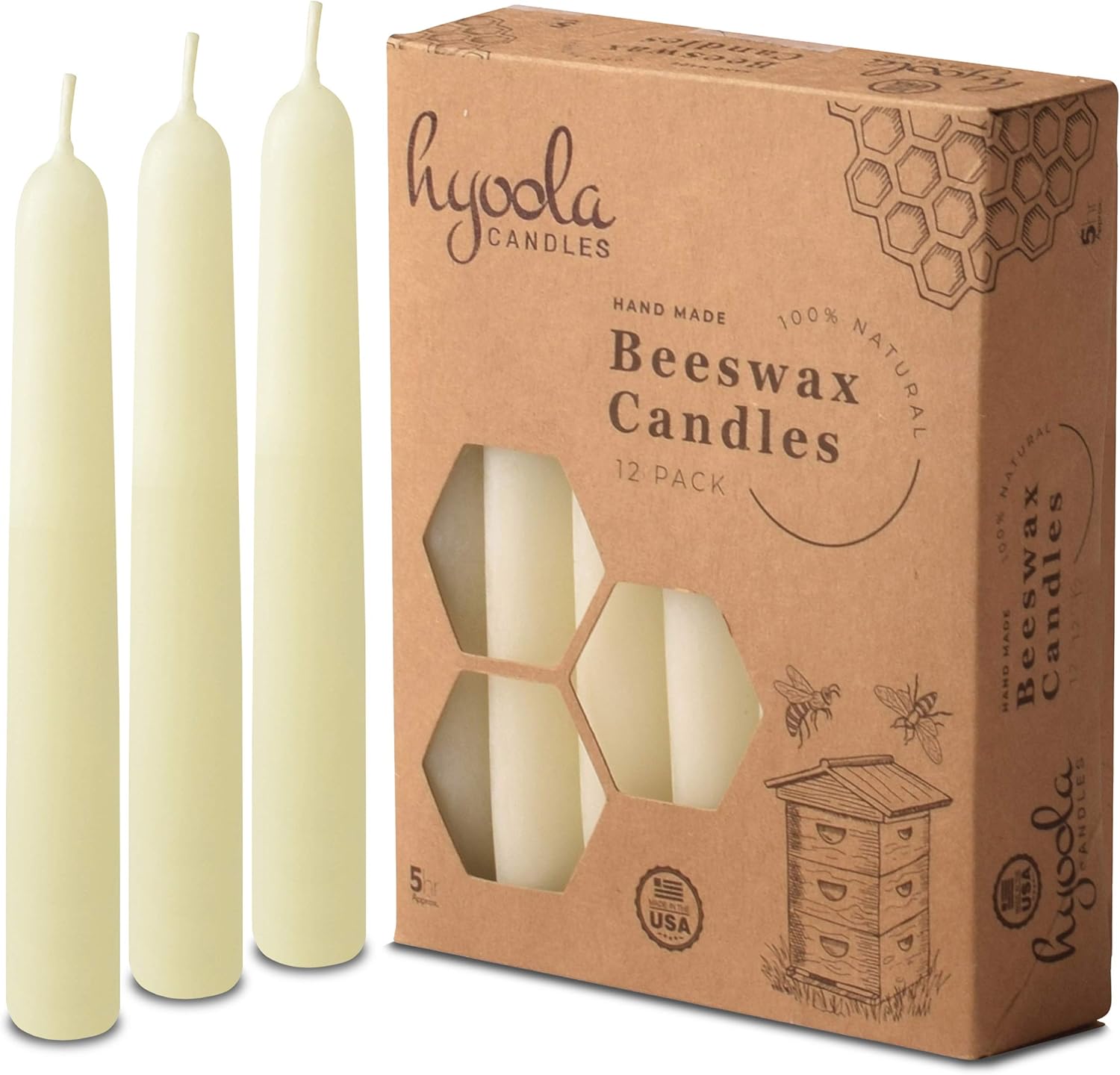 Hyoola 7" Beeswax Taper Candles 12 Pack - Handmade, All Natural, 100% Pure Unscented Bee Wax Candle - Tall, Decorative, White 7 Hour Burn Time