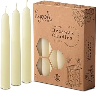 Hyoola 5" Beeswax Taper Candles 12 Pack - Handmade, All Natural, 100% Pure Unscented Bee Wax Candle - Tall, Decorative, White 5 Hour Burn Time