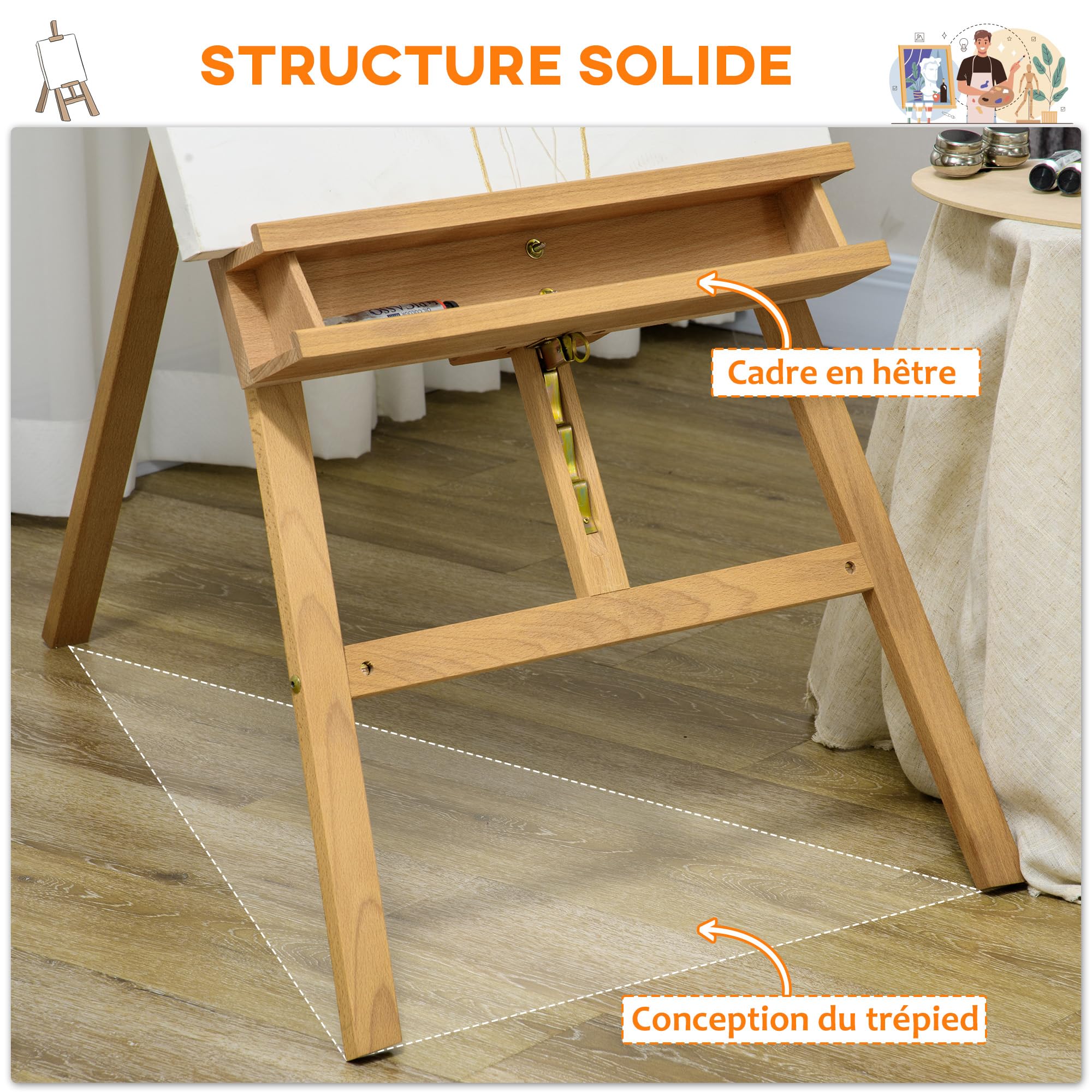 Vinsetto Chevalet de peinture, chevalet d'artiste pliant en bois de hêtre, avec angle et hauteur réglables, 65 x 110 x 180-235 cm, bois naturel