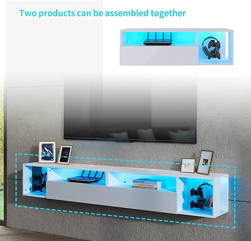 Miniatura 7 de soges Soporte de TV LED, mesa de TV blanca montada en la pared con gestión de cables, soporte de TV flotante centro de entretenimiento, gabinete de