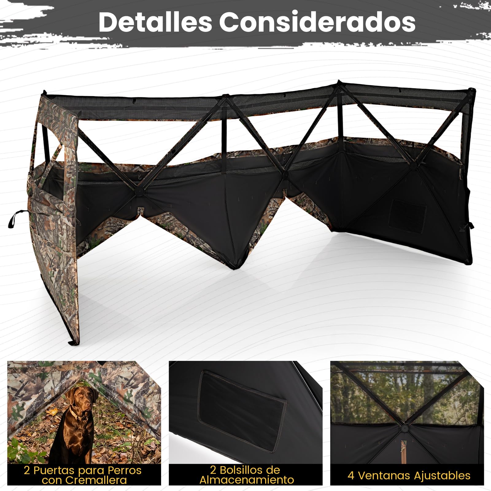 GYMAX Tienda de Caza de 4 Paneles, Tienda Transparente para 3 Personas con Ventanas Deslizantes Silenciosas, Puertas para Perros, Bolsa de Transporte, Refugio Portátil con Camuflaje de Campo