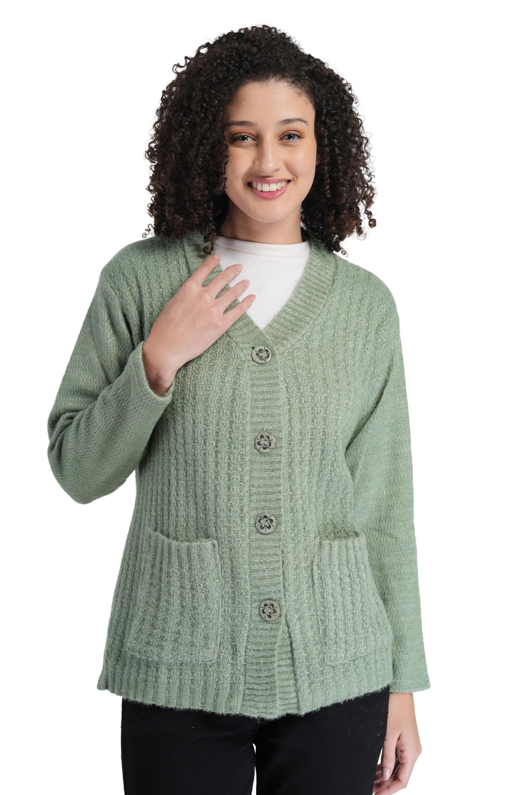 manra Women's Woolen V-Neck Buttoned Full Sleeve Cardigan Self Design Soft Wool Fabric Winter Wear Pure Wool Sweater Fully Warm with Front Pockets Stylish Outdoor and Office Wear Sweater (Pista Green)-picture-10