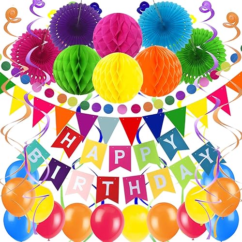 ZERODECO Decoración de fiesta de cumpleaños, pancarta multicolor de feliz cumpleaños con abanicos de papel, bolas de nido de abeja, banderines