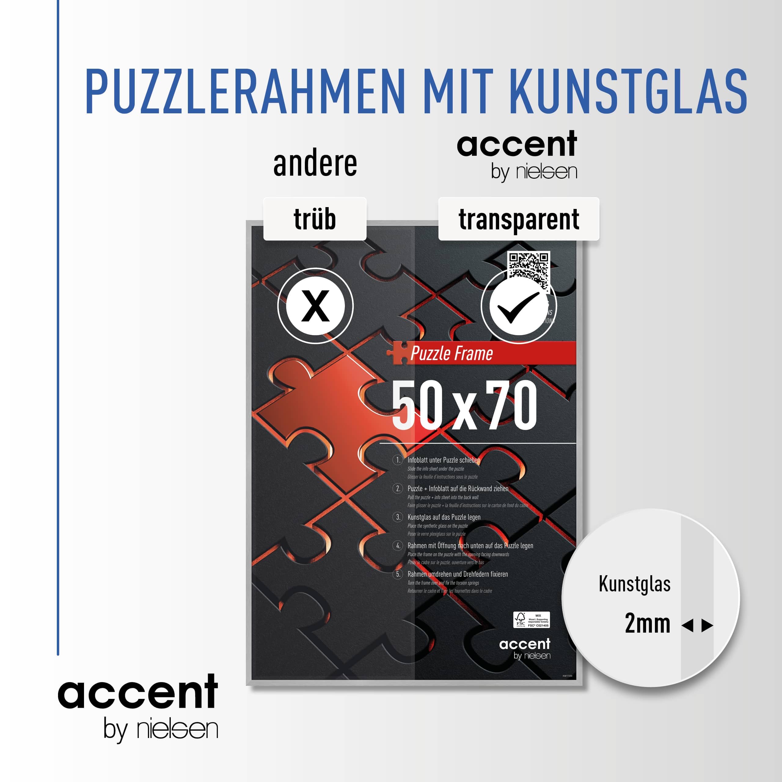 accent by nielsen Puzzlerahmen, 50 x 70 cm, Aluminium, Struktur Silber Matt, Posterrahmen zum Aufhängen im Hoch- & Querformat, bruchsicheres Kunstglas, Puzzle