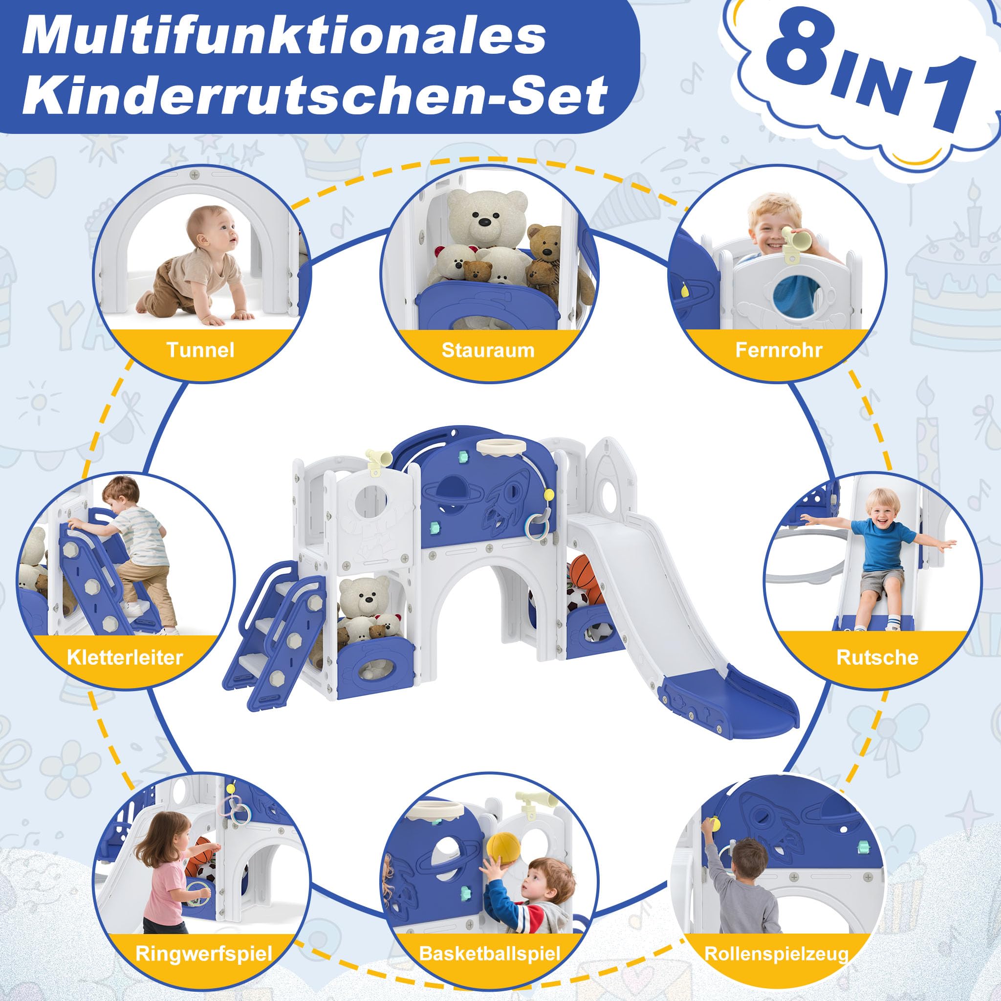 Aufun 5-in-1 Kinderrutsche für Kleinkinder, Multifunktionales Spielset mit Rutsche, Basketballkorb, Tunnel, Stauraum, Kletterleiter, Werkzeugfreie Montage, Stabil Freistehenderutsche Spielzeug