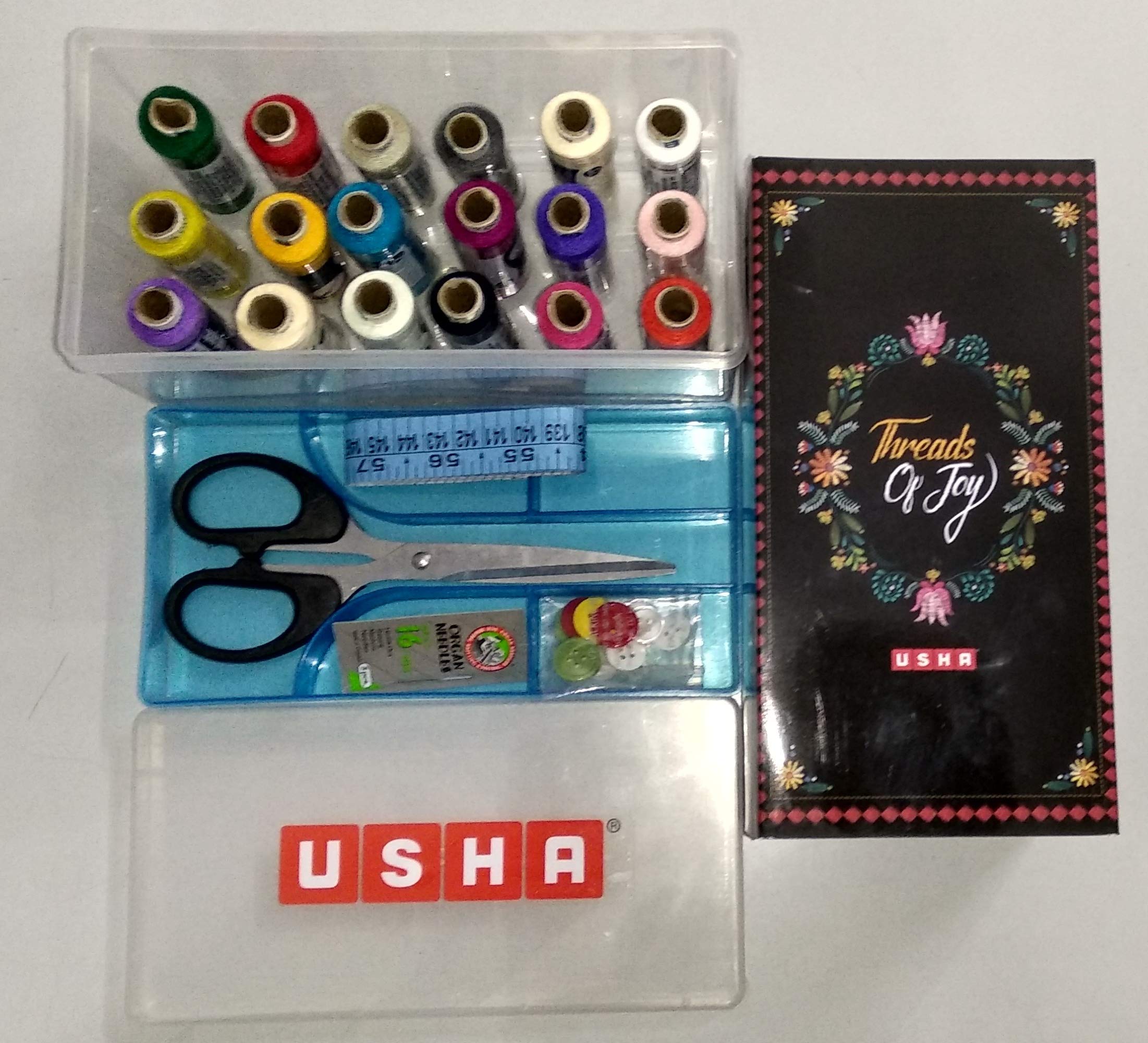 USHA Sewing Kit with 18 Thread spools, 1 Scissor, 12 Buttons, 1 Measuring Tape (Black)