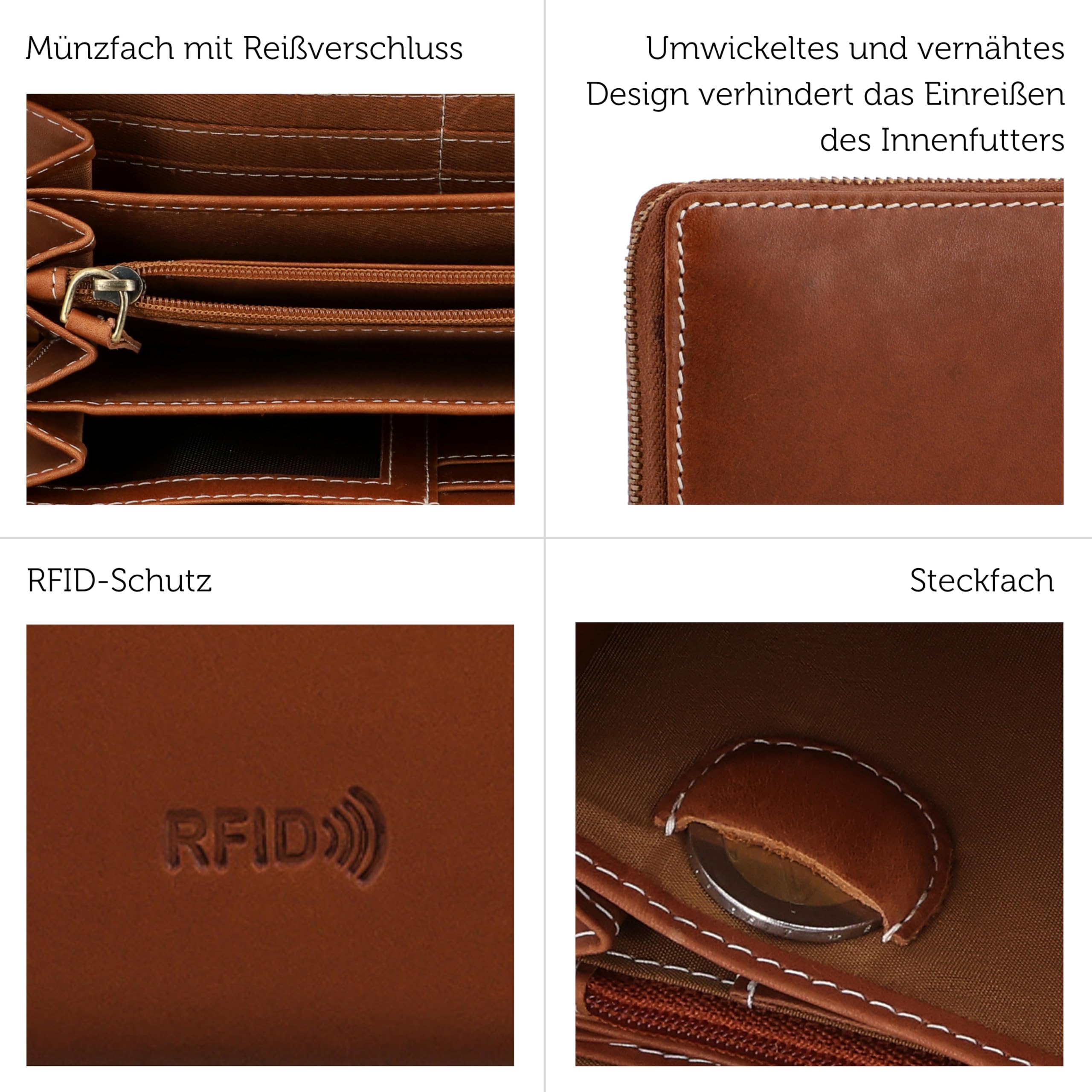 Gusti Leder Portemonnaie Damen Braun RFID Schutz – Geldbörse Damen Leder Lang Handgefertigt Viel Fächer Klein Groß Portmonee Herren Münzfach