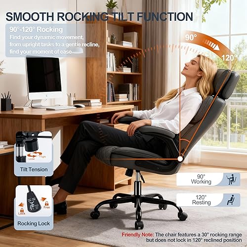 Miniatura 5 de Silla de oficina de cuero con reposacabezas ajustable, sillas ejecutivas de escritorio de oficina en casa con respaldo ergonómico, reposabrazos