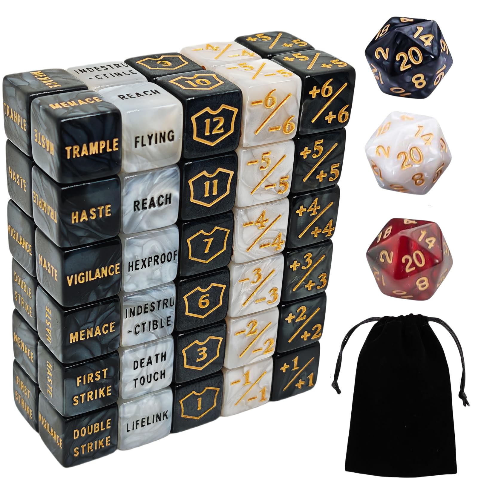 ZEOXUER Pack of 63 MTG Cube Counter - AbilityKeyword Counter, -1/+1 Life Counter, Shield Life Counter, D6 Dice, Compatible with MTG, Card Game Accessories (including Black Bag)