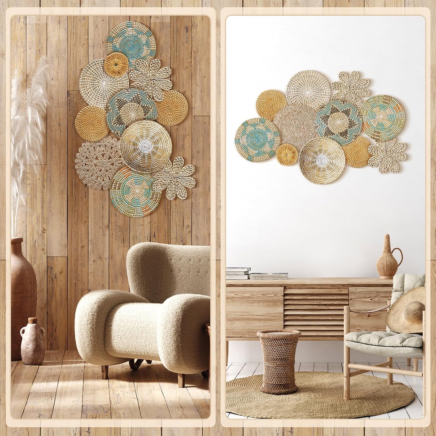 11 Pcs Boho Hanging Wall Basket Decor Handmade Woven Basket Wall Decorative Boho Wicker Baskets Placemats Round Farmhouse Bulrush Art for Rustic Home Decorations Christmas Gift(Bright)