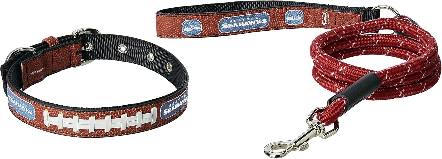 Gamewear NFL Seattle Seahawks Pebble Grain Football Collar & Large Leash Gift Pack, Medium, Brown