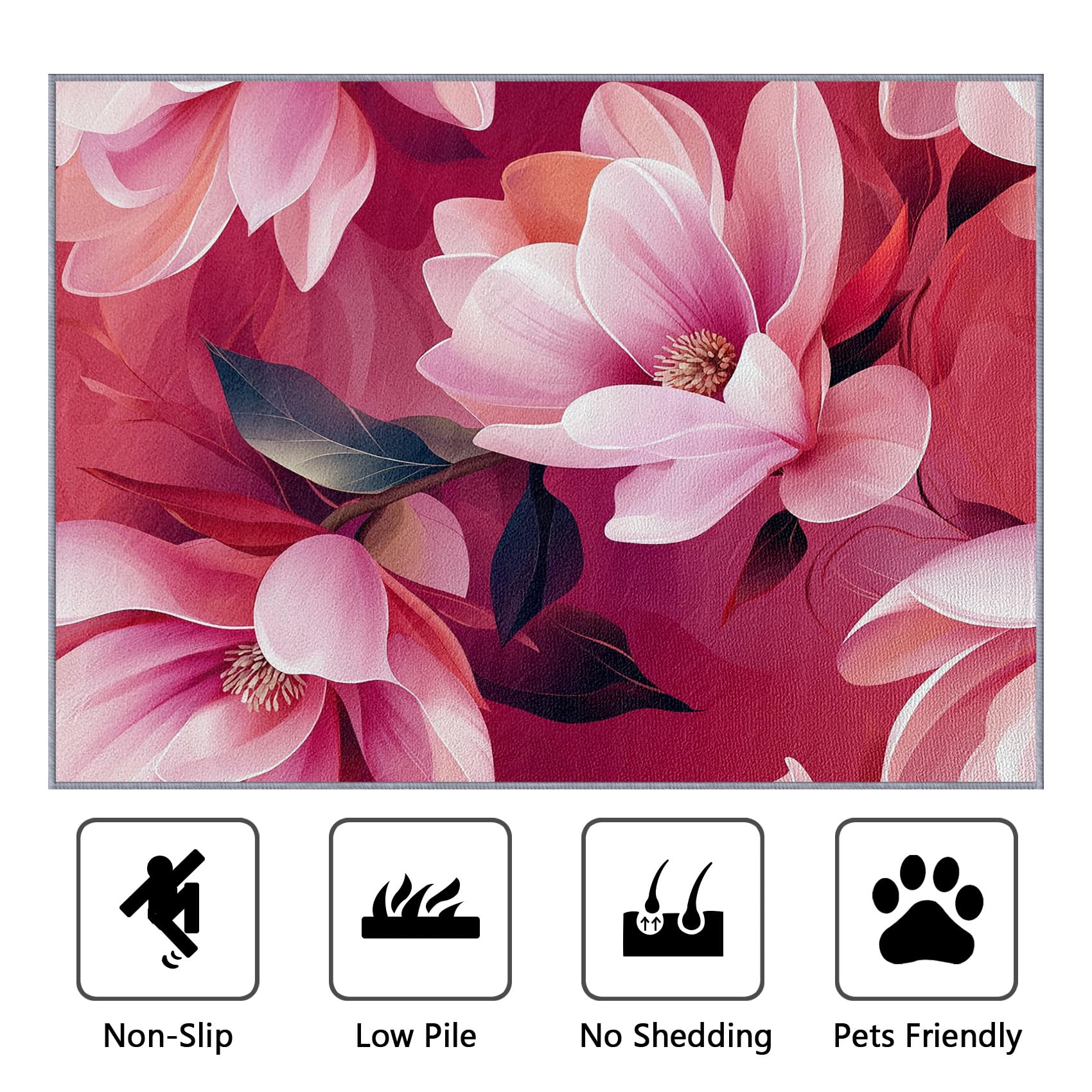 Blumen Teppich Wohnzimmer 200x300 cm,Rosa Magnolie Geblümt Teppiche Waschbar Für Schlafzimmer,Blüten Mädchen Waschbar rutschfest Weich Groß Esszimmer, Rosa Rot Dunkelgrün