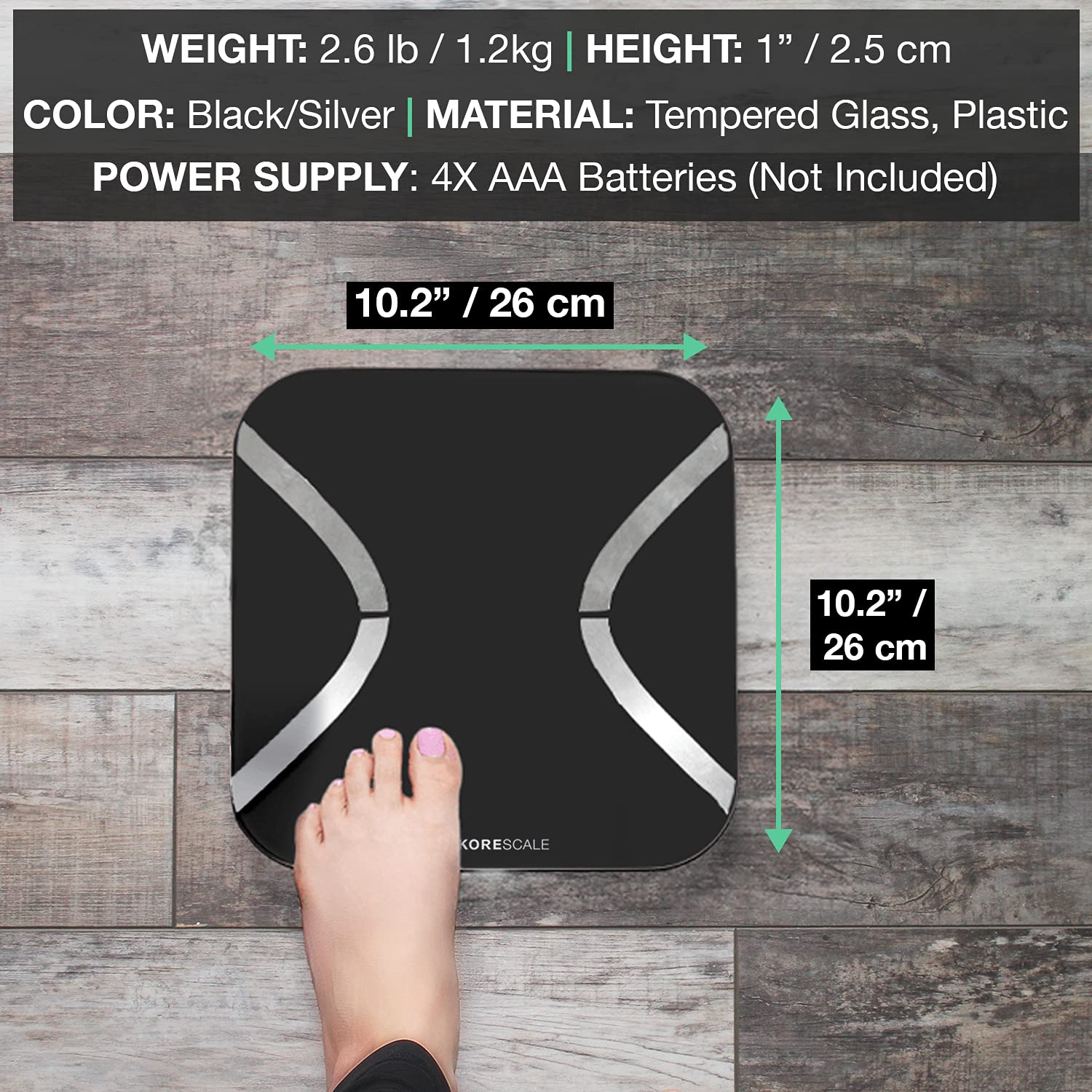 A person's foot on the KoreHealth Korescale Gen2, with product dimensions indicated
