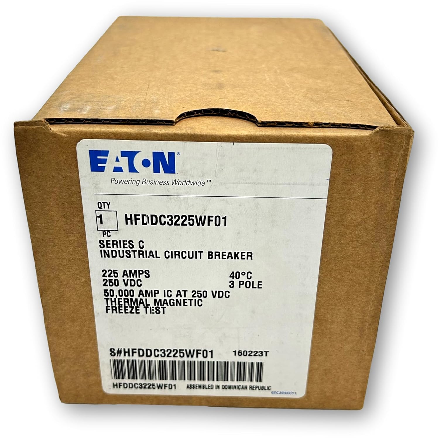 Eaton HFDDC3225WF01 Series C DC/PvGard Complete Molded Case Circuit Breaker; 3-Pole; F-Frame; High Current Rating of 225A at 250V and Support Both 50/60HZ; Support Both 50/60HZ, 3PH Power Systems