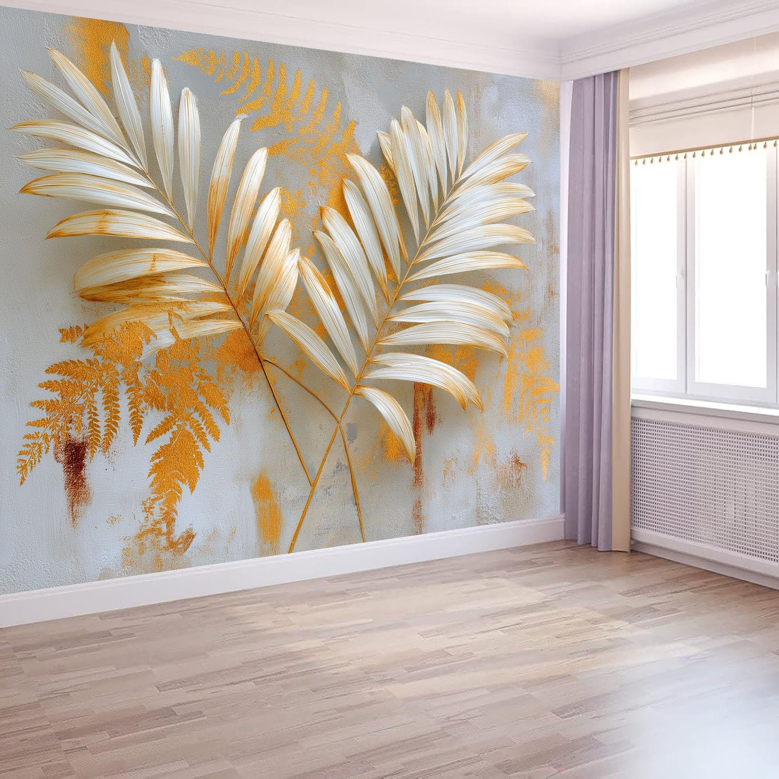 Panoramiczna minimalistyczna tapeta z liści palmowych gałęzie botaniczny szary grafitowy 350 x 256 cm - nowoczesny gobelin ścienny z włókniny do salonu, sypialni lub pokoju dziecięcego
