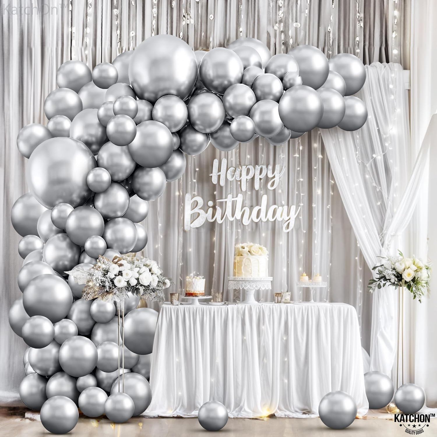 KatchOn, Metallic Silver Balloons Kit - Pack of 100 | Graduation Balloon Arch Kit for Graduation Decorations 2025 | Silver Latex Balloons for Silver party Decorations | Silver Birthday Decorations
