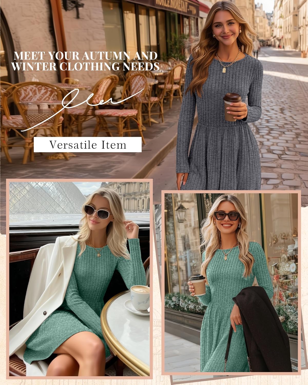 Riyiper 2 Pack Women's Long Sleeve Sweater Dress Ribbed Pleated Casual Round Neck Knee Length Dress with Pocket - Image 2