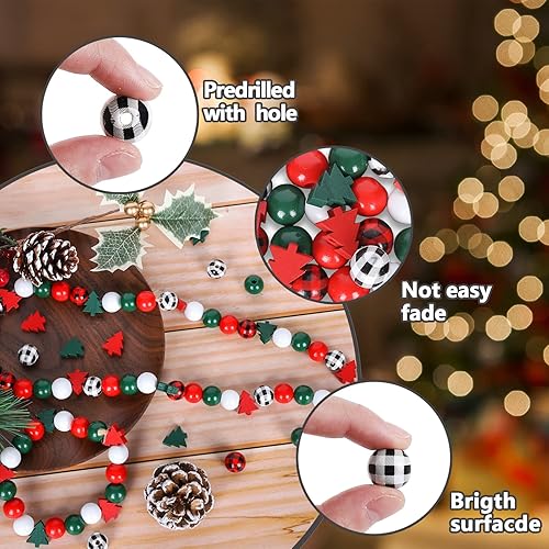 Miniatura 3 de Whaline 190 cuentas de madera de Navidad para manualidades, con forma de árbol de Navidad, cuentas espaciadoras a cuadros rojos, verdes y blancos,