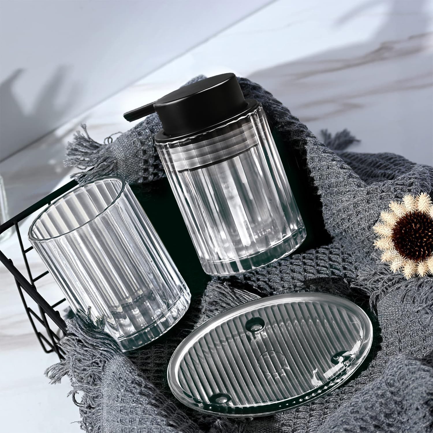 CERBIOR Juego de accesorios de baño, 4 piezas de accesorios de vidrio, incluye dispensador de jabón, soporte para cepillo de dientes, taza para cepillo de dientes, jabonera para encimera decorativa y