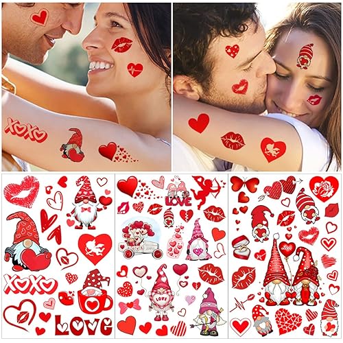 Miniatura 5 de 12 hojas de tatuajes temporales para el día de San Valentín para niños y mujeres gnomos decoraciones del día de San Valentín suministros de fiesta
