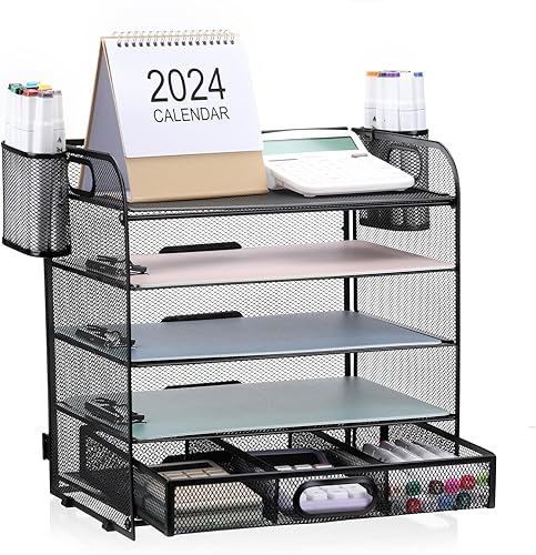NCXTKJ Organizador de escritorio de 5 niveles con cajón y soporte para bolígrafos, organizador de archivos de malla con asa, suministros de oficina,