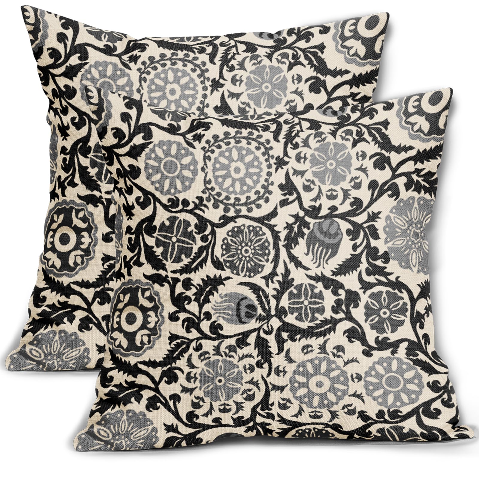 Aytipun Black Grey Pillow Covers 16x16 Set of 2 Gray Vintage Floral Boho Carpet Pattern Print Decorative Outdoor Pillowcases Farmhouse Throw Cushion