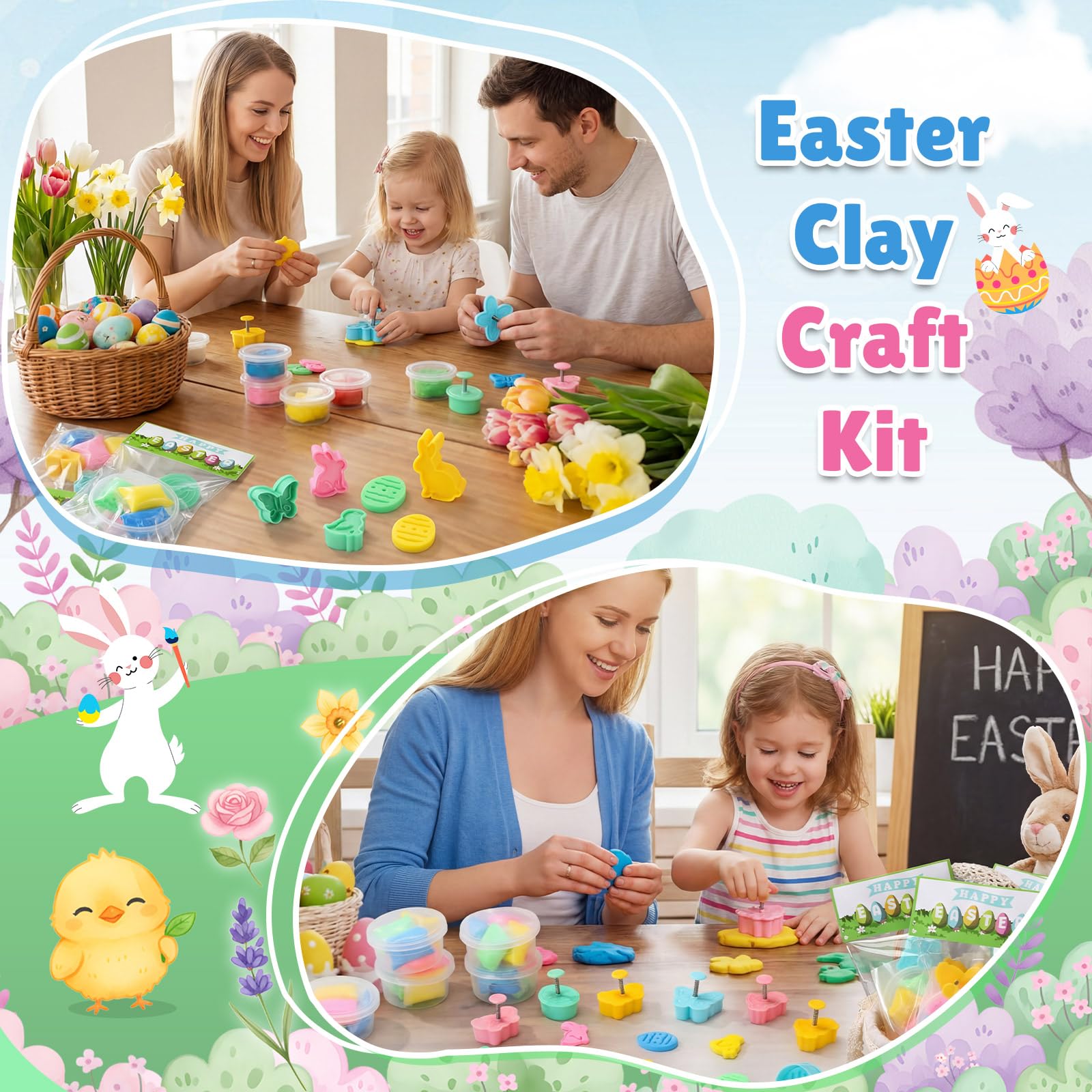 24 set di argilla secca all'aria, kit fai da te, coniglietto, pulcino, uova e farfalle, argilla con biglietti di auguri, regalo per feste di Pasqua, cestini, riempitivi per attività