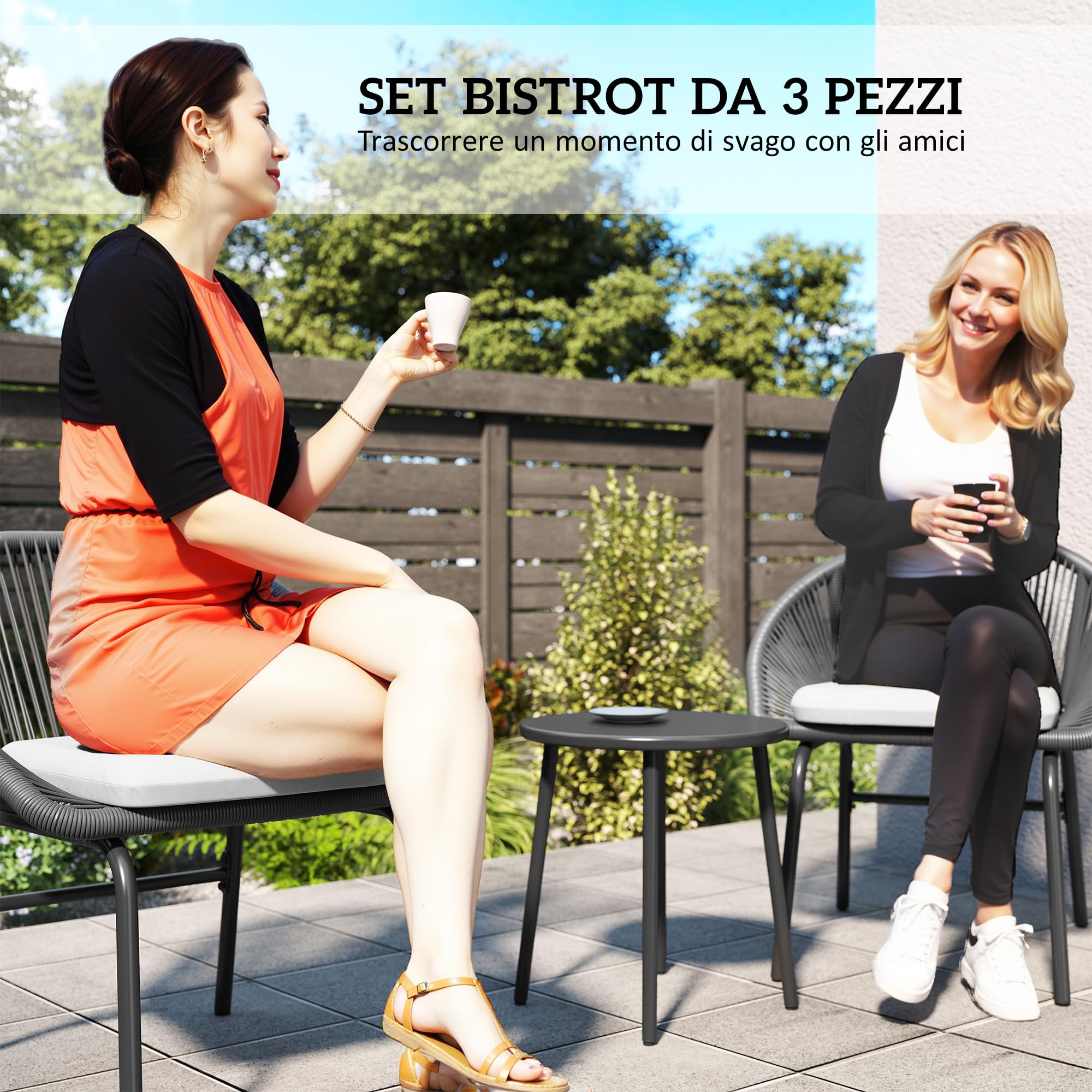 Outsunny Set da Giardino 3 Pezzi Tavolo e Sedie da Balcone Nero | Salotto da Giardino, 2 Sedie con Cuscino, Tavolino Acciaio Rattan PE, Terrazza