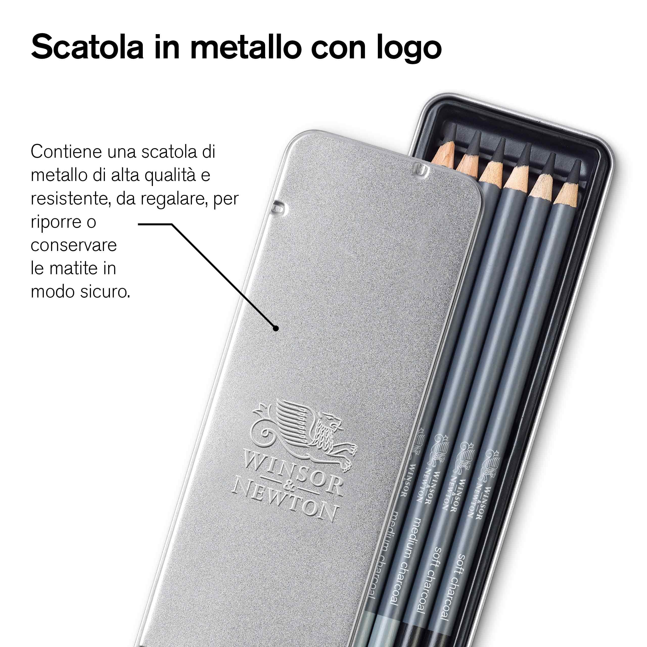 Winsor & Newton Studio Collection Matite Carboncino Scatola In Metallo 6 Pezzi