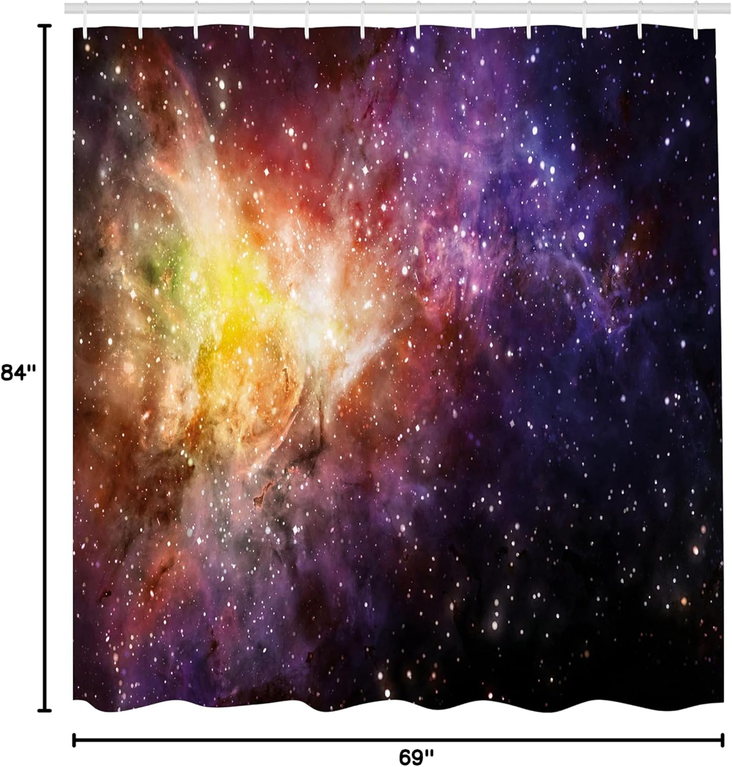 Ambesonne Galaxy Shower Curtain, Nebula Gas Cloud Image Vivid Starfield Cloud Starry Deep Outer Space Print, Cloth Fabric Bathroom Decor Set with Hooks, 69" W x 84" L, Black Purple Yellow