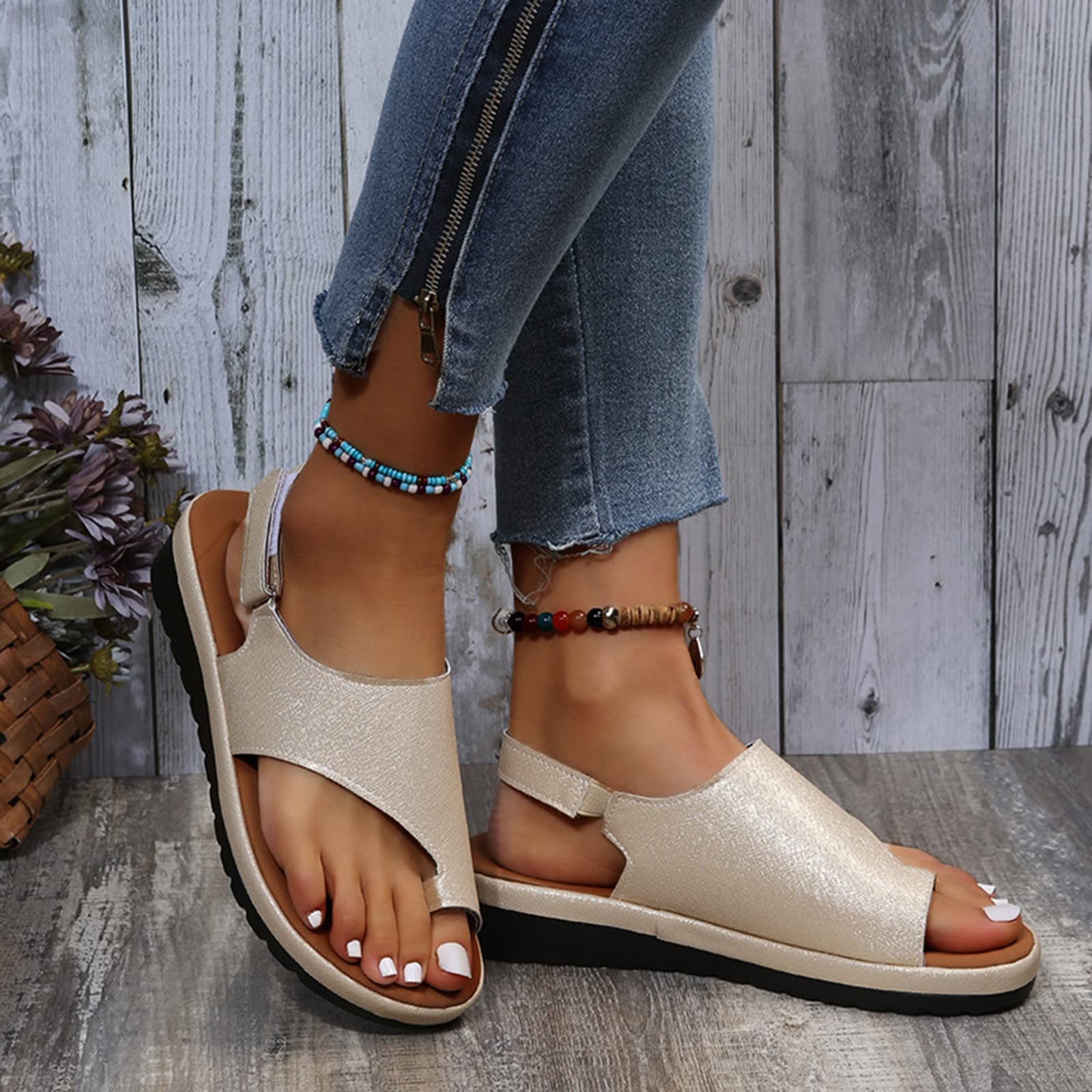 Sandali da Donna Sandalo Piatto Punta Aperta Slingback Morbida Pelle Sintetica e Cinturino Alla Caviglia Fibbia Sandali Ortopedici Casual Piatto Arch Support Zeppe Scarpe Estive Escursionismo All