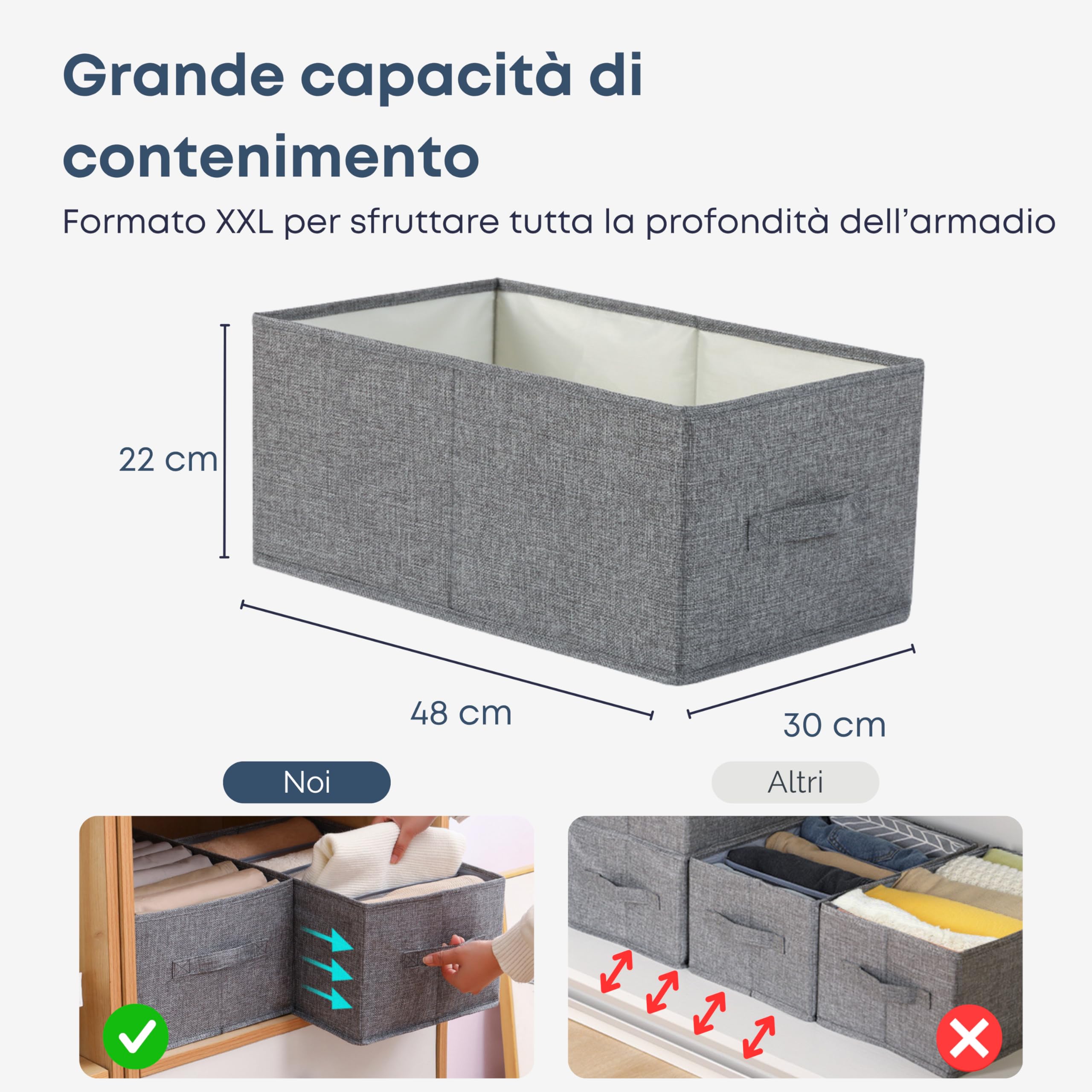 Scatole per Armadio XL 48x30x20 cm, Set 3 Contenitori per Vestiti Pieghevoli, Organizer Armadio Salvaspazio con Coperchio e Manici, Scatole Portaoggetti Rigide in Tessuto Grigio