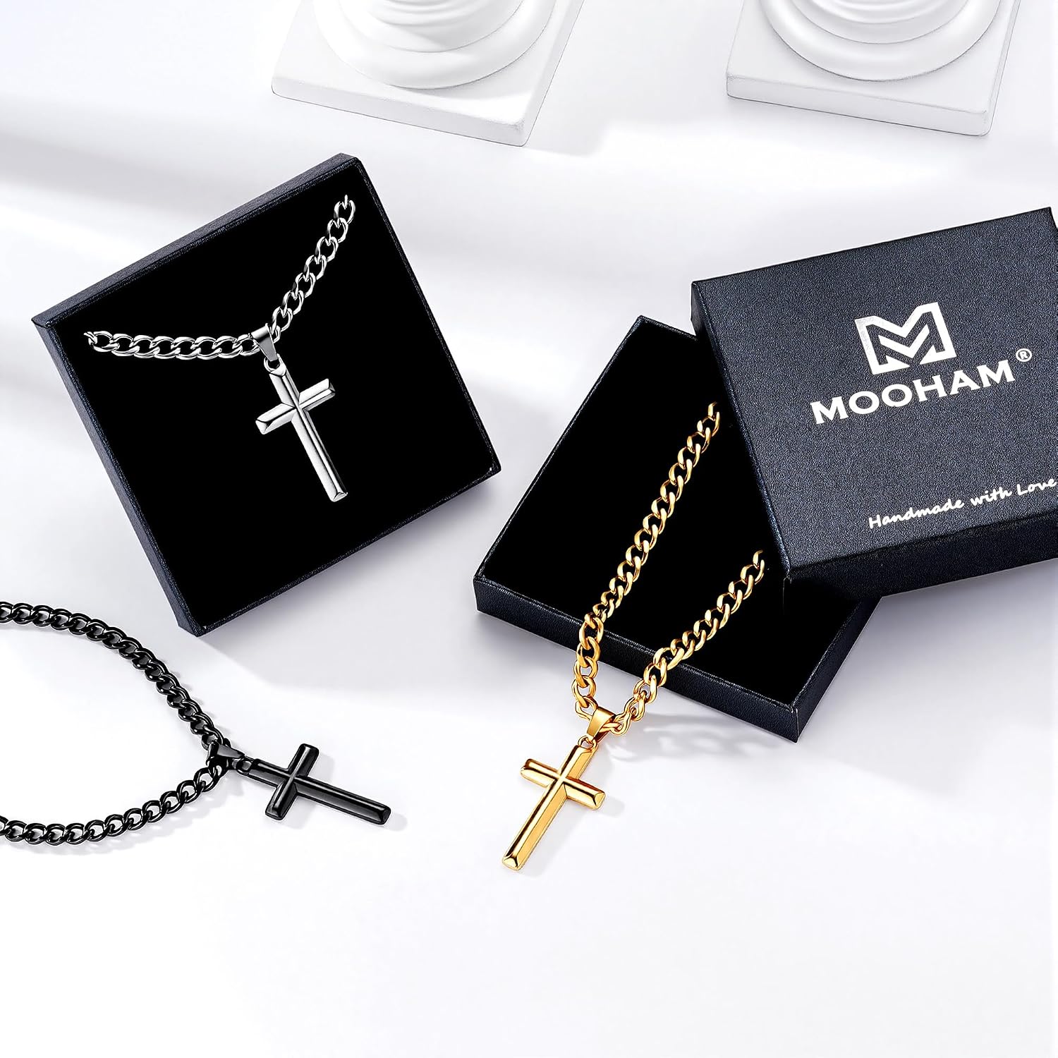 M MOOHAM Cross Necklace for Men, 14K Gold Plated Silver Black Beveled Edge Cross Chain Necklace Stainless Steel Cuban Link Chain for Men Christian Jewelry Religious Gifts 18-24 Inch