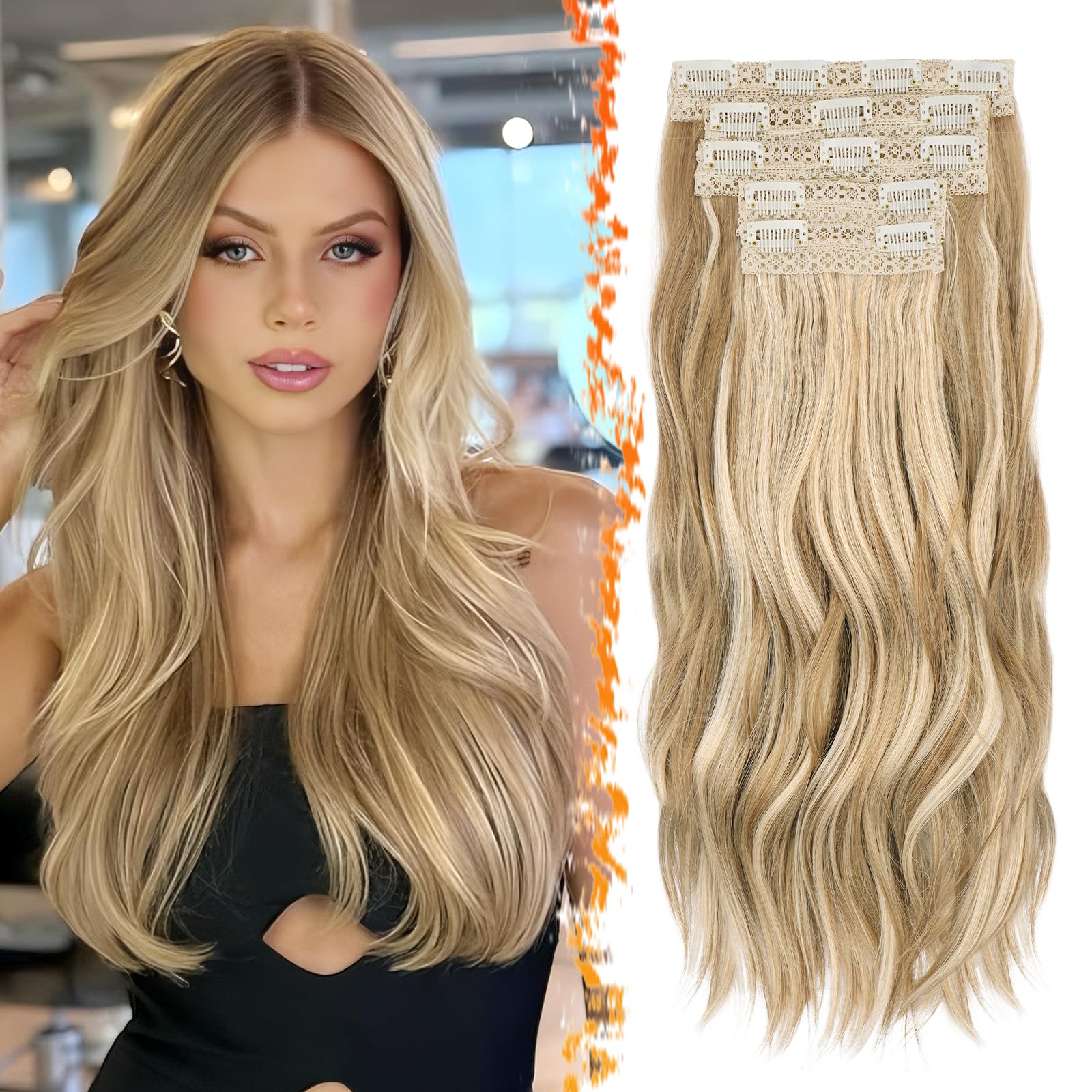 barsdar blonde clip in hair extensions - 20 inch loose wavy layered clip in hair extensions for women, 5 pcs lace weft voluminous easy wear soft synthetic hairpieces - golden blonde mixed