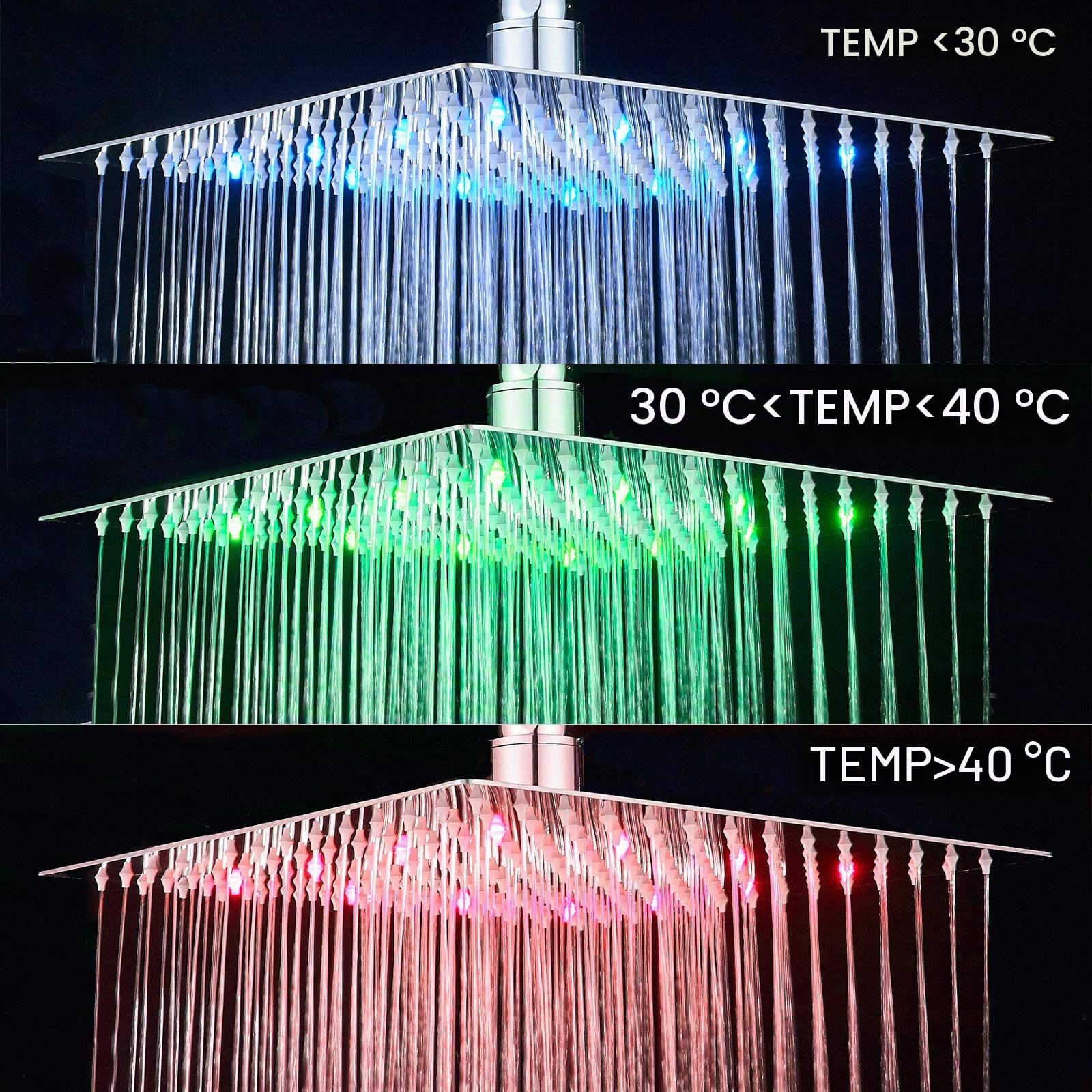 Rozin LED 16 "Soffione di Doccia A Pioggia Quadrato Ultra Sottile Sensore di Temperatura 3 Colori Che Cambiano Cromo Lucido In Acciaio Inox