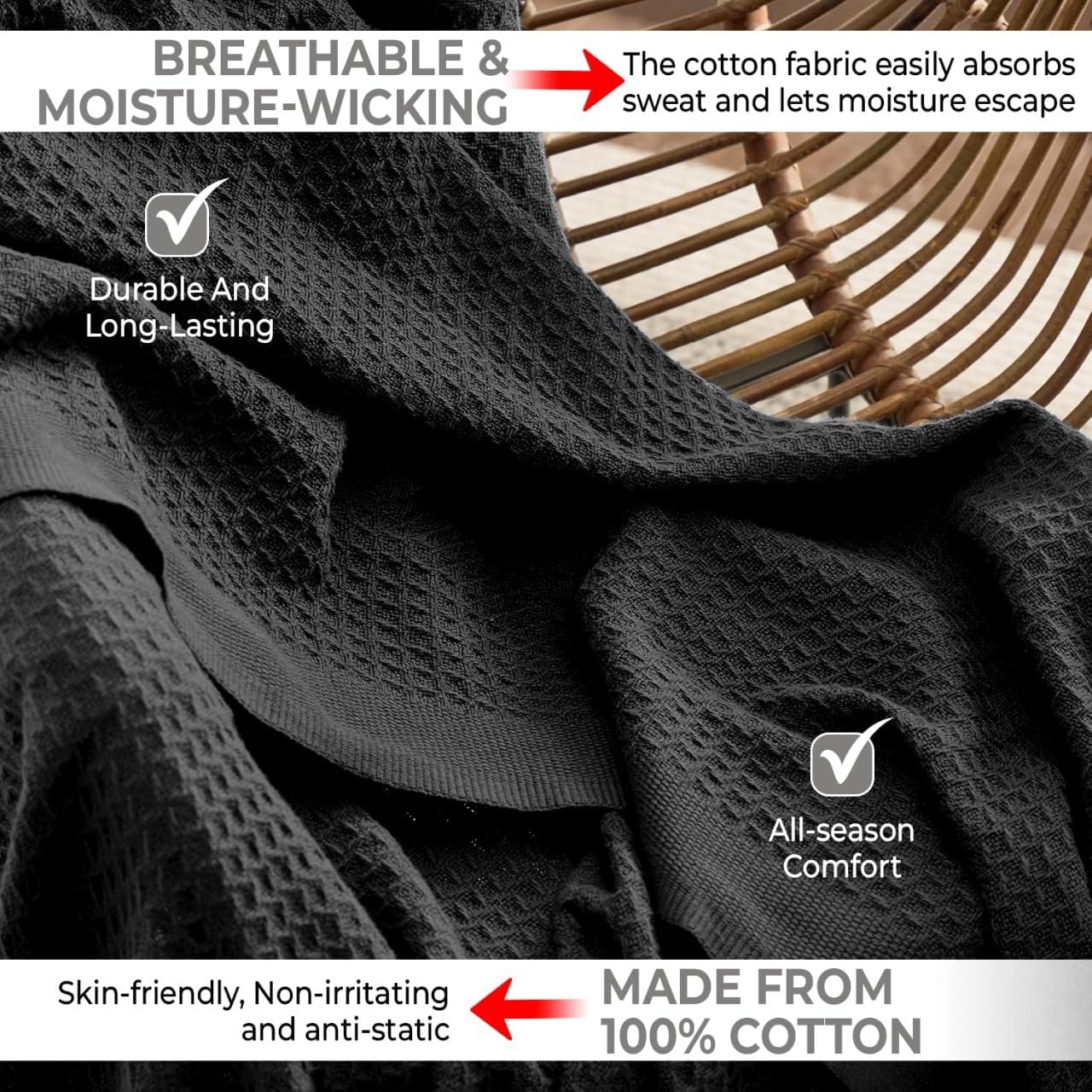 100% Cotton Blankets Throw Size for Bed - Waffle Weave Blankets for Summer, Lightweight and Breathable Soft Woven Blanket for Spring, Black, Throw (50" x 60") - Image 3