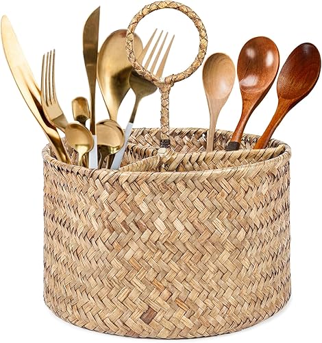YIFANZHIBIAN Soporte para cubiertos, organizador de utensilios de algas marinas tejido a mano, soporte para cucharas, organizador de utensilios para