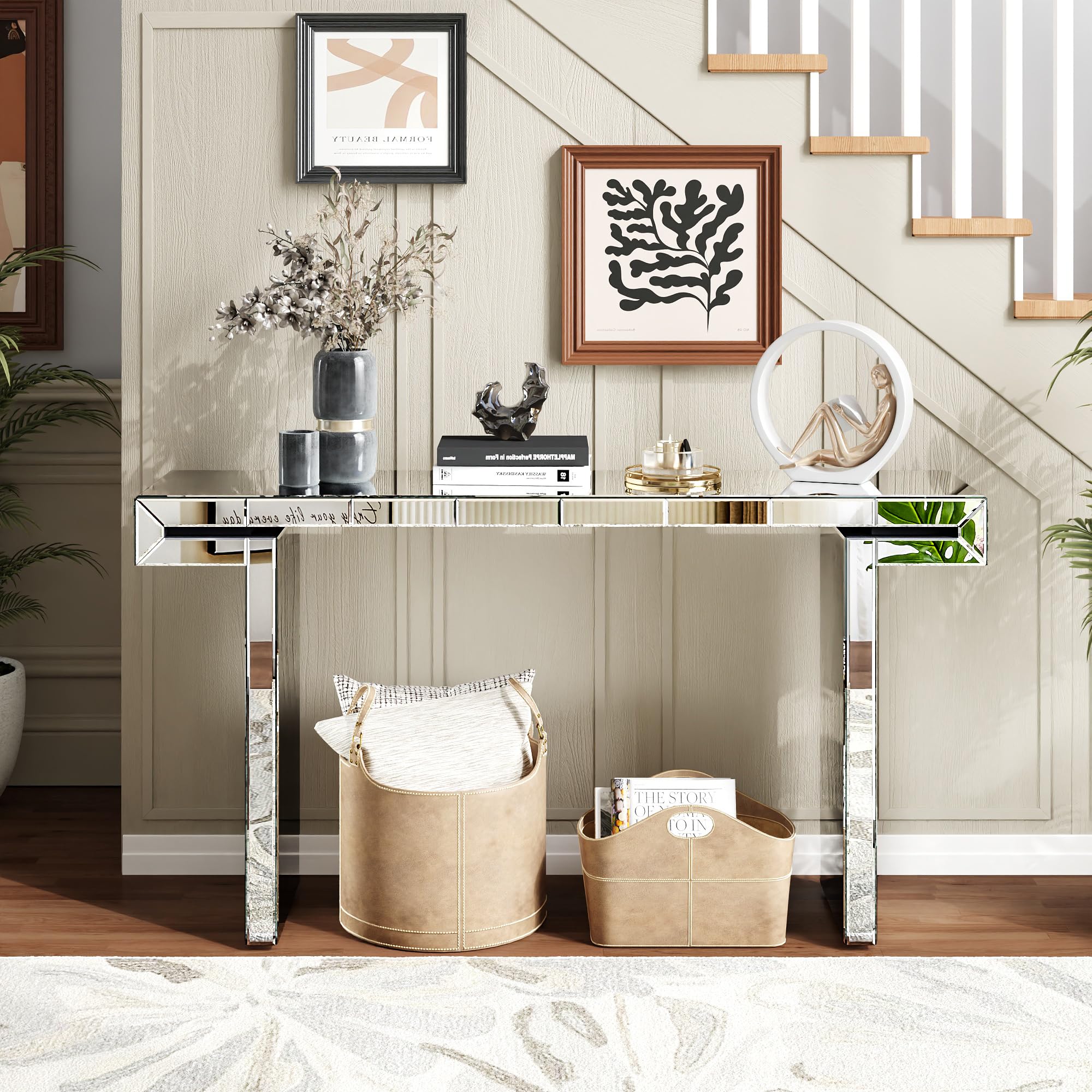 Silver Mirrored Console Table, 60 Inch Modern Entryway Table with Fluted Tempered Glass, Narrow Mirrored Sofa Table Behind Couch Foyer Hallway Tables