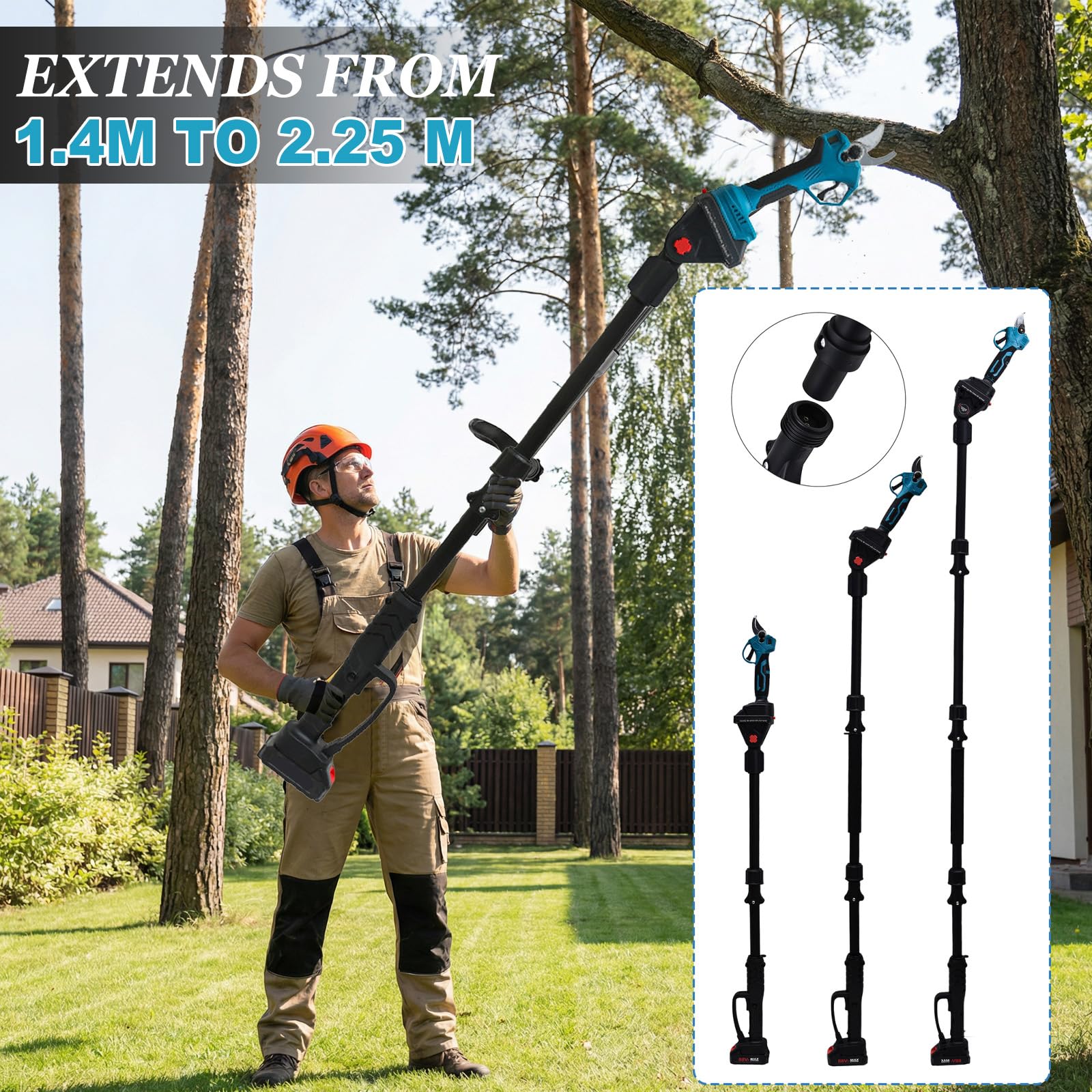30 mm Schnurlose Gartenschere mit Verlängerungsstange, Gartenwerkzeug Set mit 4000mAh Batterien, Elektrische Gartenschere Kompatibel mit Makita 18 V, 4 m Gesamtreichweite, 30mm Schnitt