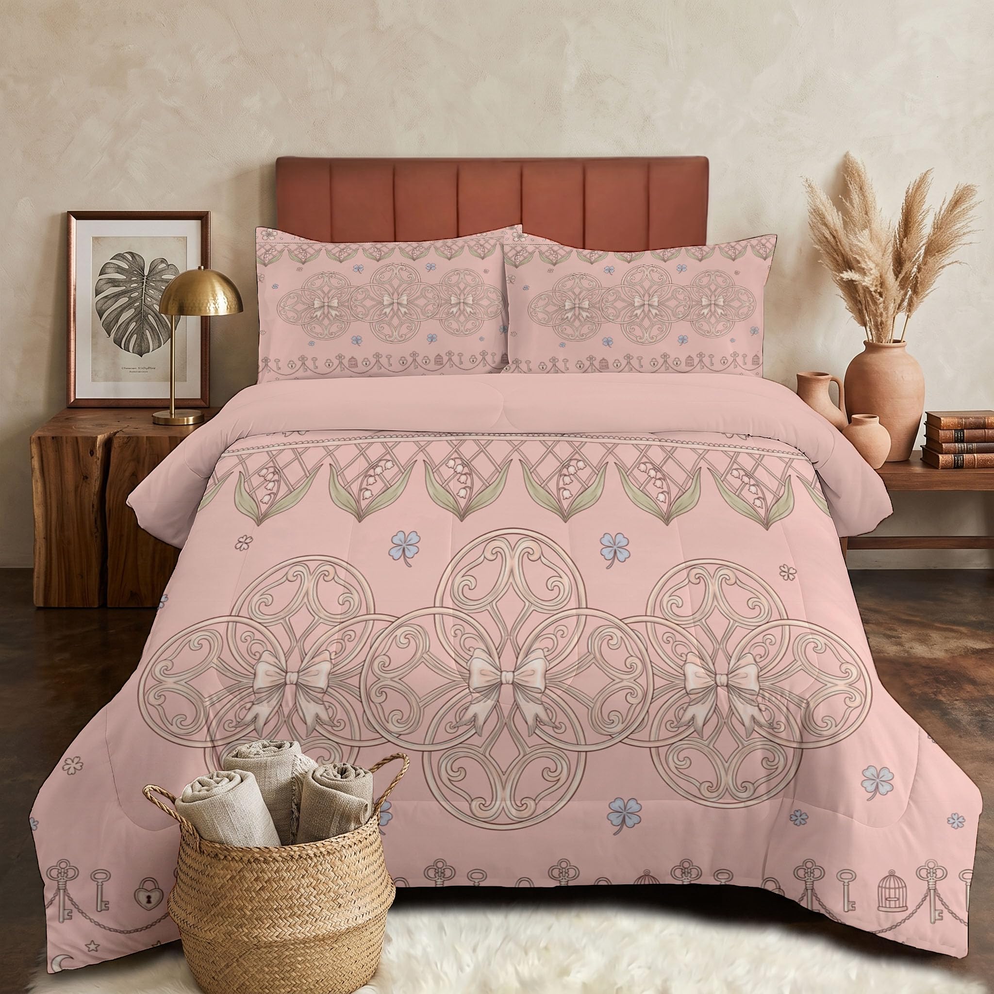 Trapunta Fiocco Di Pizzo Rococò, Piumino Matrimoniale 4 Stagioni | 240X220 Cm Con Federa 50X80, Piumone Leggero In Microfibra, Trapunta Reversibile Geometria Circolare Retrò, Fard In Polvere