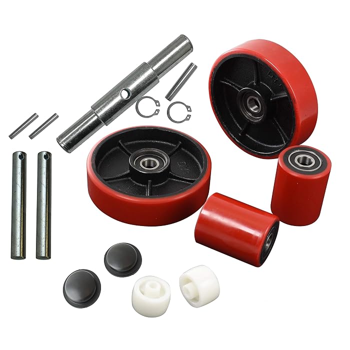 Pallet Jack Wheels Replacement Kit - 7" Steering Wheels, Load Rollers, Axles & Tools (Red)