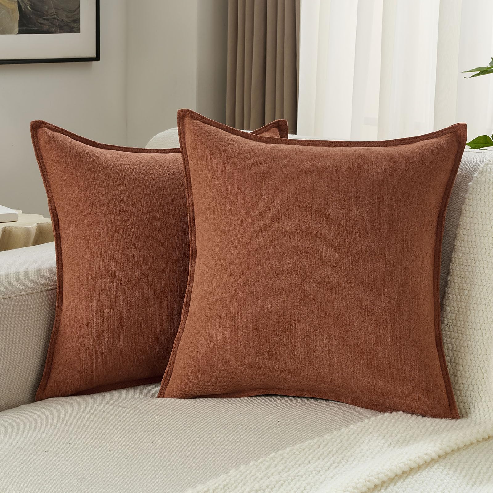 FUTEI Set of 2 Soft Chenille 55x55 cm Cushion Covers Edges Stitched Piped Scatter Pillow Covers 55 x 55 cm Modern Farmhouse Accent for Sofa Bedroom Living Room, Rust