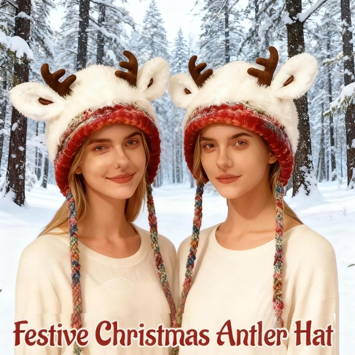 2025 New Festive Christmas Antler Hat, 2-in-1 Winter Knitted Ear Protection Windproof Warm Hat - Deer Storage Cap