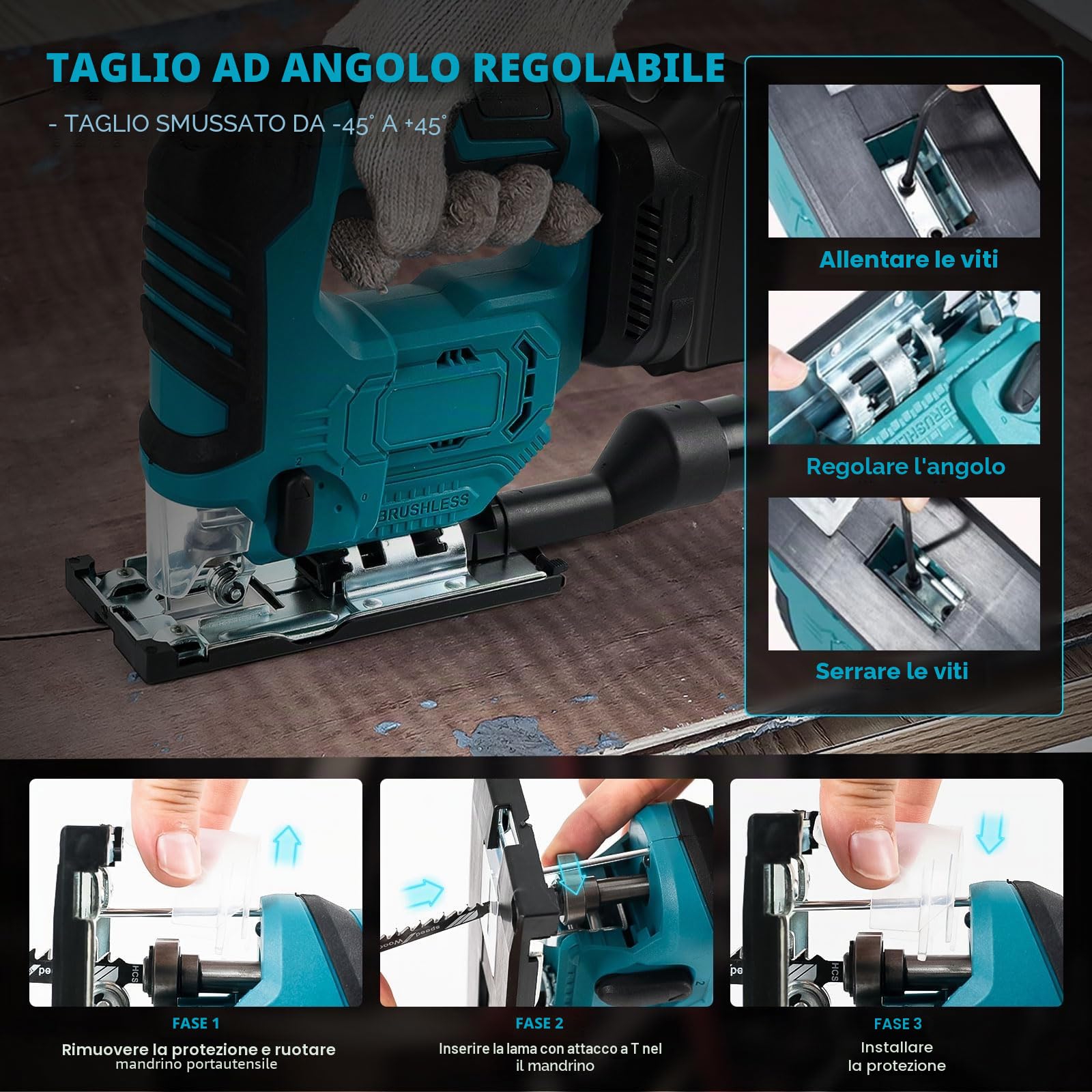 Seghetto alternativo senza fili, compatibile con batteria Makita 18 V, 500 W, utensile da taglio senza spazzole, 3300 giri/min, tagli smussati di 45° con lame per seghetto alternativo per taglio