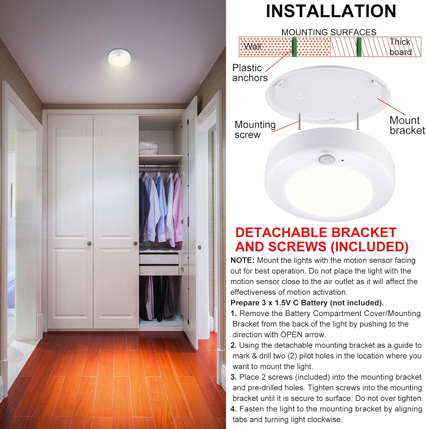 Motion Sensor Light Battery Powered Ceiling Light Indoor Overhead Light Wireless Motion Sensor LED Lighting for Bathroom Shower Closet Cabinet Kitchen Hallway Stair Wall Shed