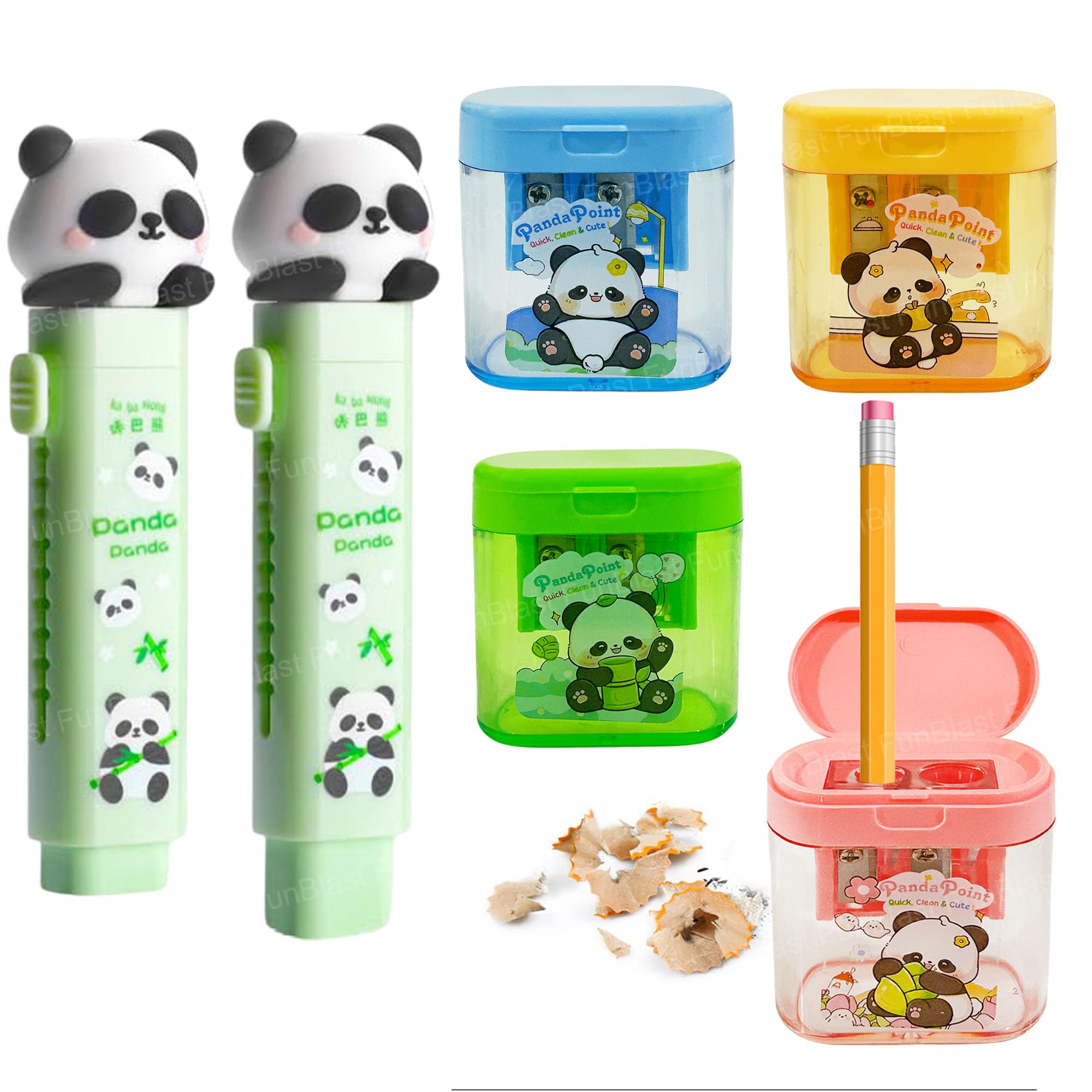 FunBlast Panda Stationery Set – Panda Theme 4 Pcs Sharpener and 2 Pcs Eraser Combo for Kids, Stationary Items for Kids, Birthday Return Gift for Kid, School Supplies Stationary Kit