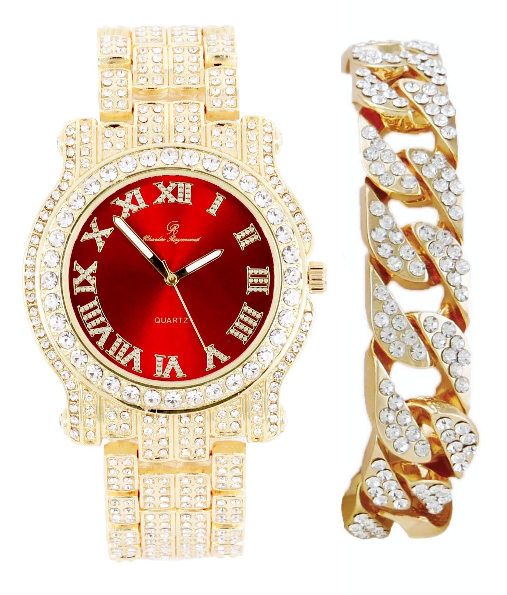 Charles Raymond Bling-ed Out Silver Round Luxury Mens Watch w/Bling-ed Out Bracelet - L0504B